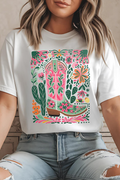 White Western Boot Flower Print Crew Neck Loose Tee