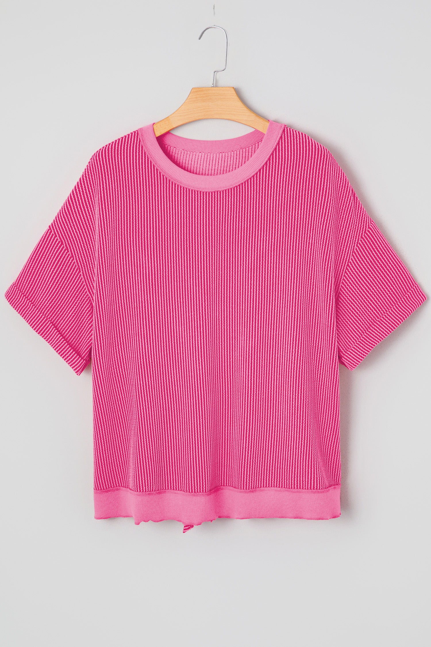 Rose Red Spiral Ribbed Cutout Bow Knot Back Oversize T Shirt