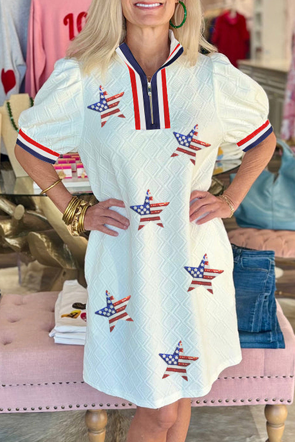 White Textured Jacquard Colorblock Edge Puff Sleeve Quarter Zip Mini Dress