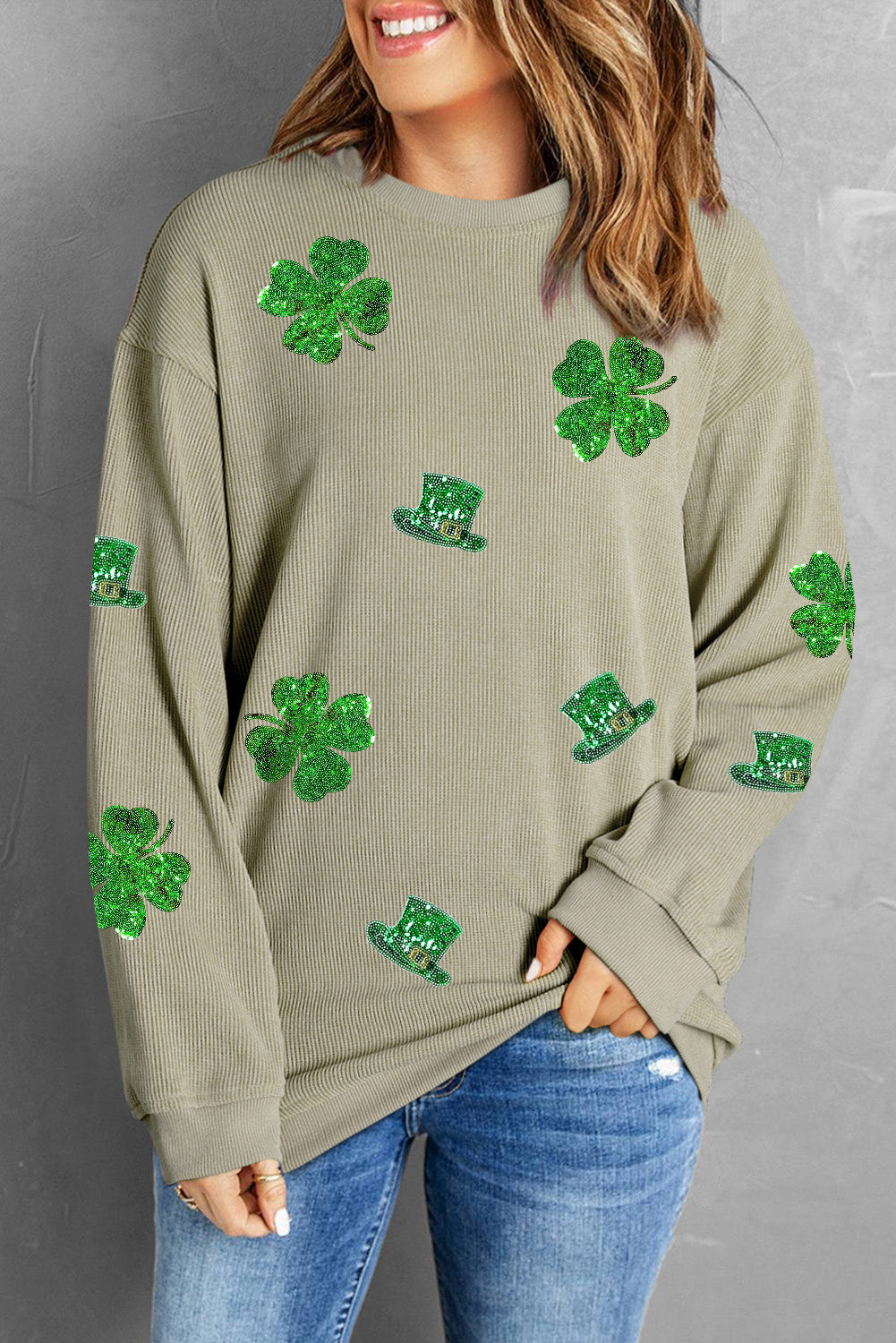Green Sequin St Patrick Disco Ball Patch Corded Sweatshirt