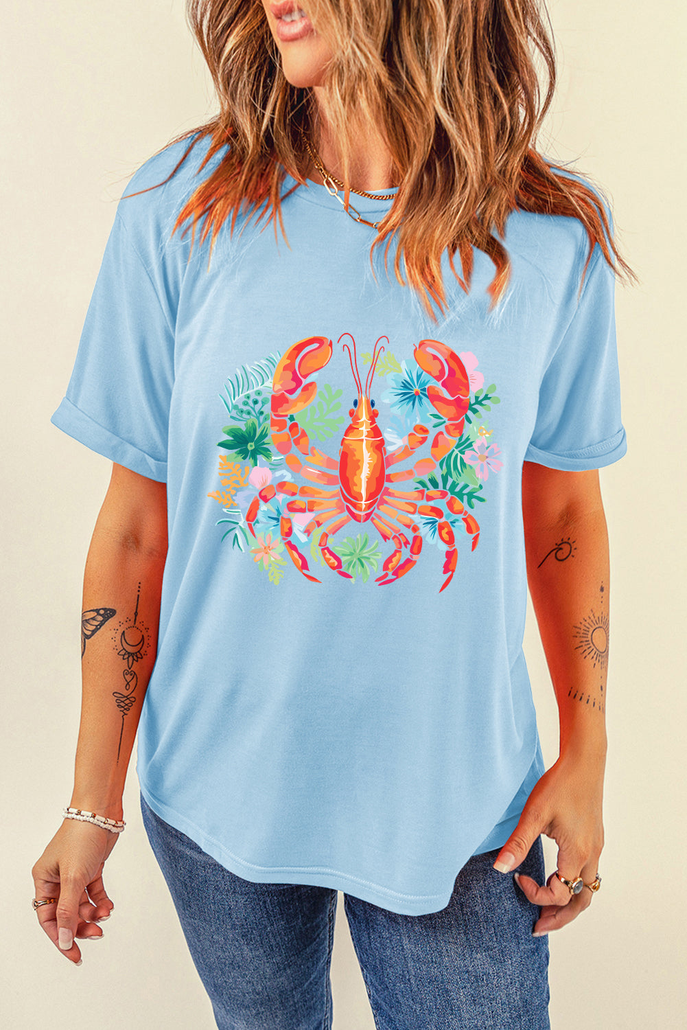 Light Blue Floral Summer Lobster Graphic Tee
