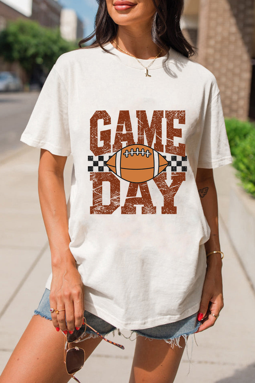 White GAME DAY Checkered Rugby Print Vintage Graphic Tee