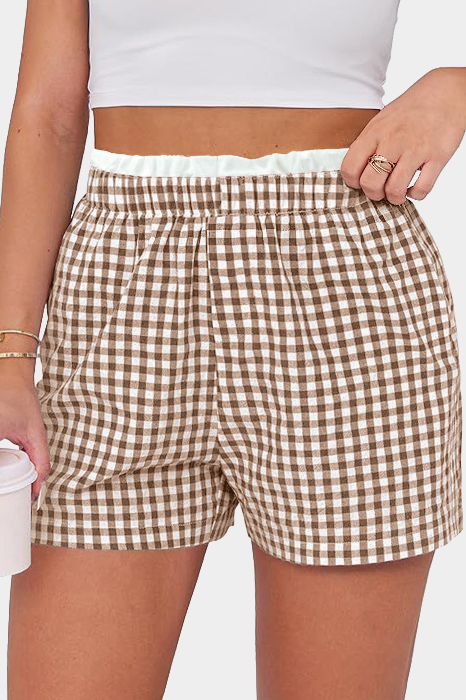 Red Contrast Trim Plaid Print Plus Size Shorts