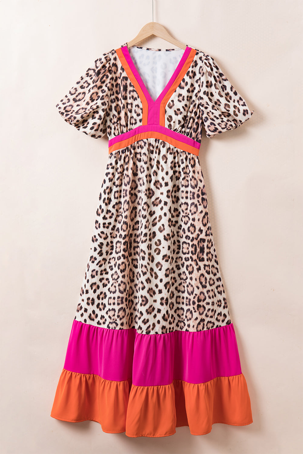 Khaki Cheetah Color Block V Neck Balloon Sleeve Babydoll Blouse