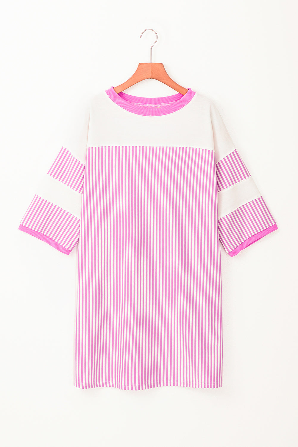 Pink Stripe Patchwork Bracelet Sleeve Plus Size T Shirt