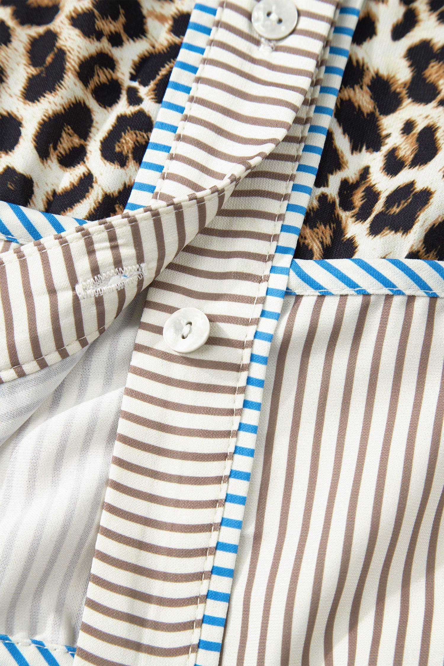 Brown Leopard Print Striped Patchwork 3/4 Sleeve Loose Mini Dress