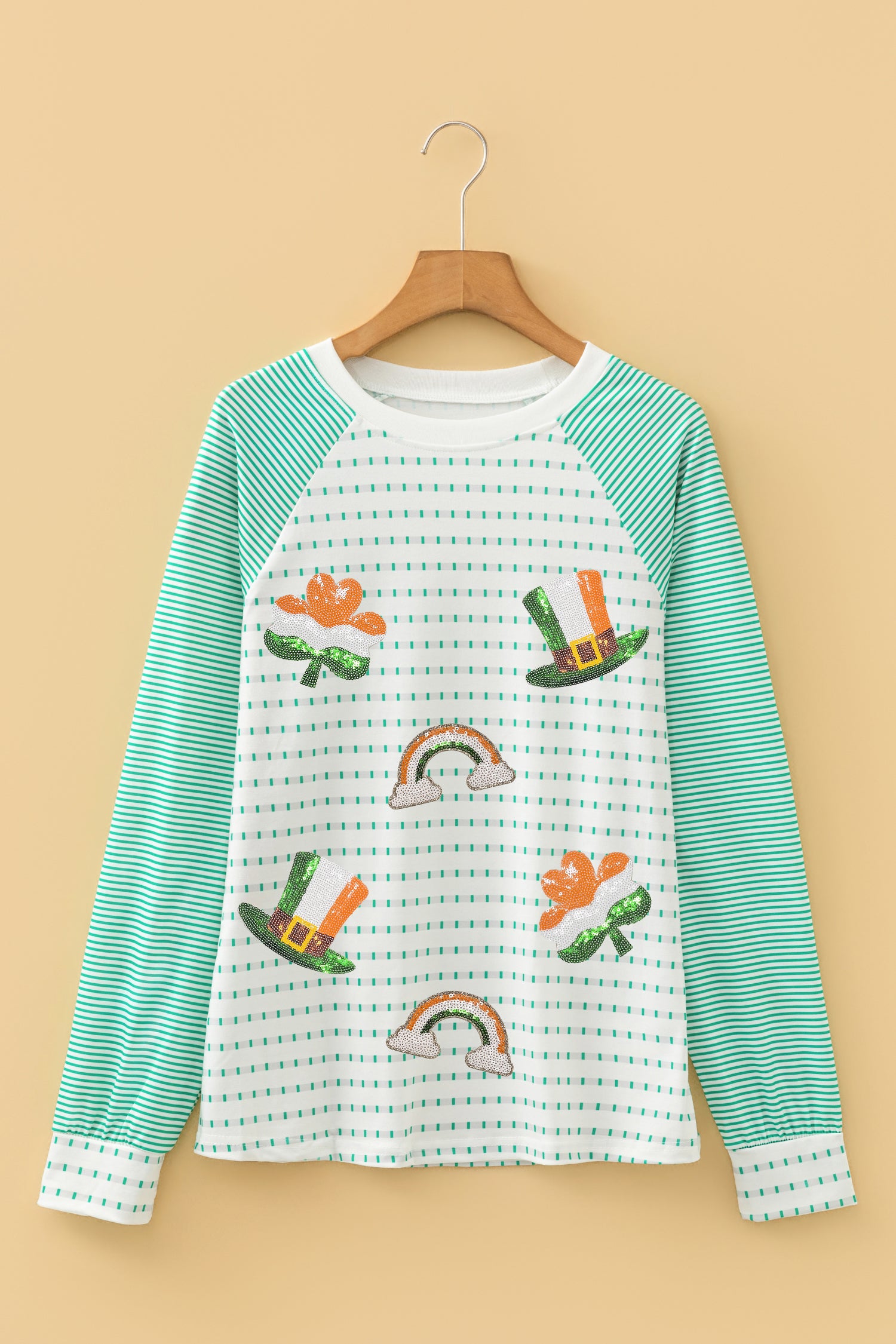 Green Stripe Contrast Raglan Sleeve Sequin St Patricks Element Top