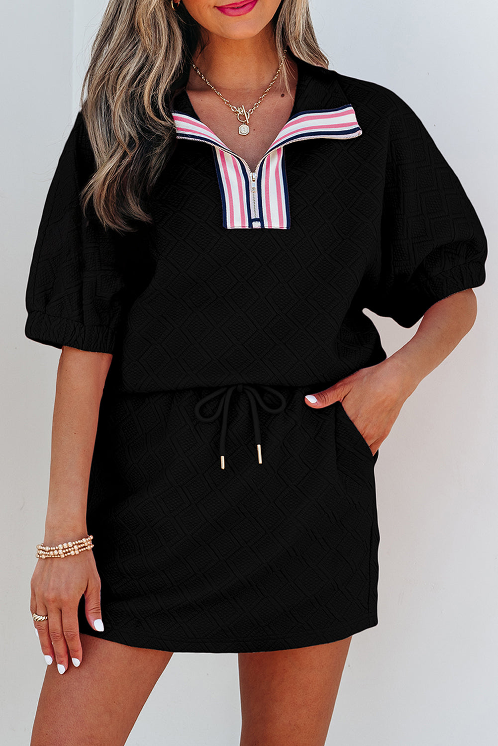 White Textured Jacquard Colorblock Edge Puff Sleeve Quarter Zip Mini Dress