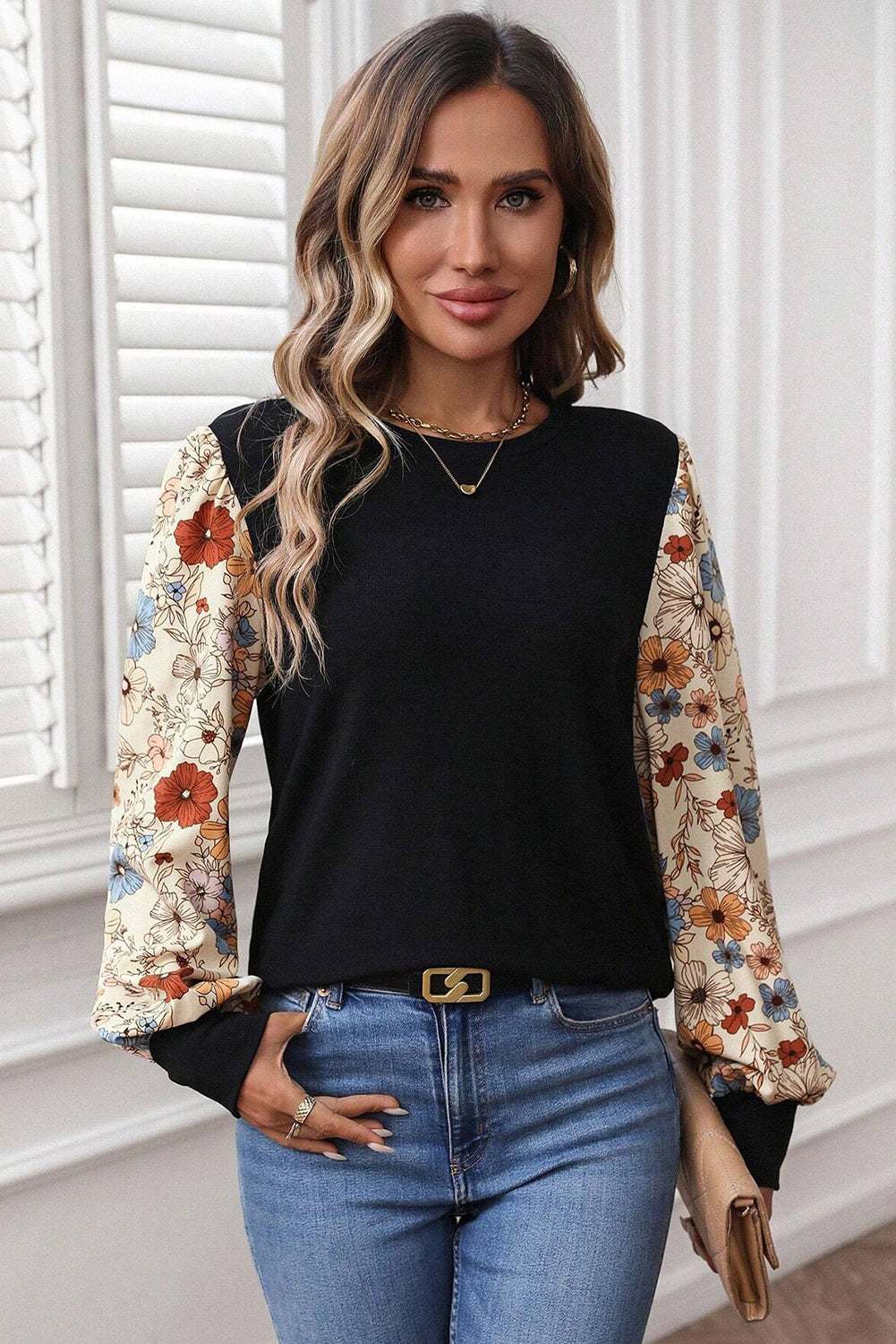 Khaki Leopard Puff Sleeve Patchwork Top