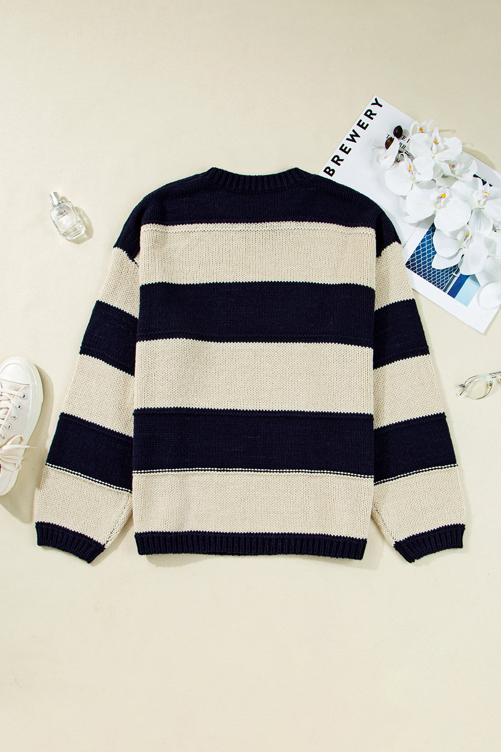 Khaki Stripe Color Block PLus Size Drop Shoulder Sweater