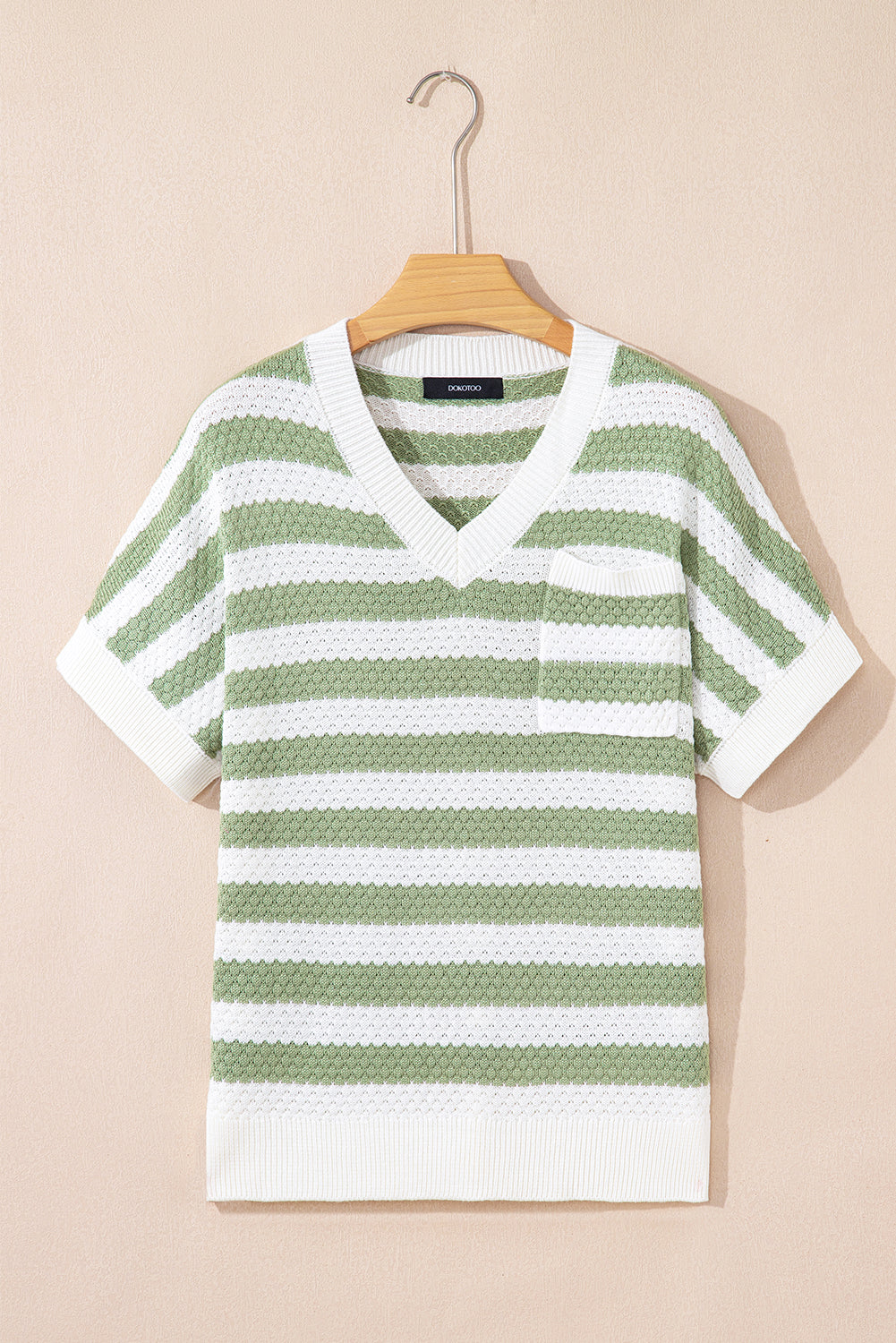 Rose Stripe V Neck Short Sleeve Sweater with Side Slits