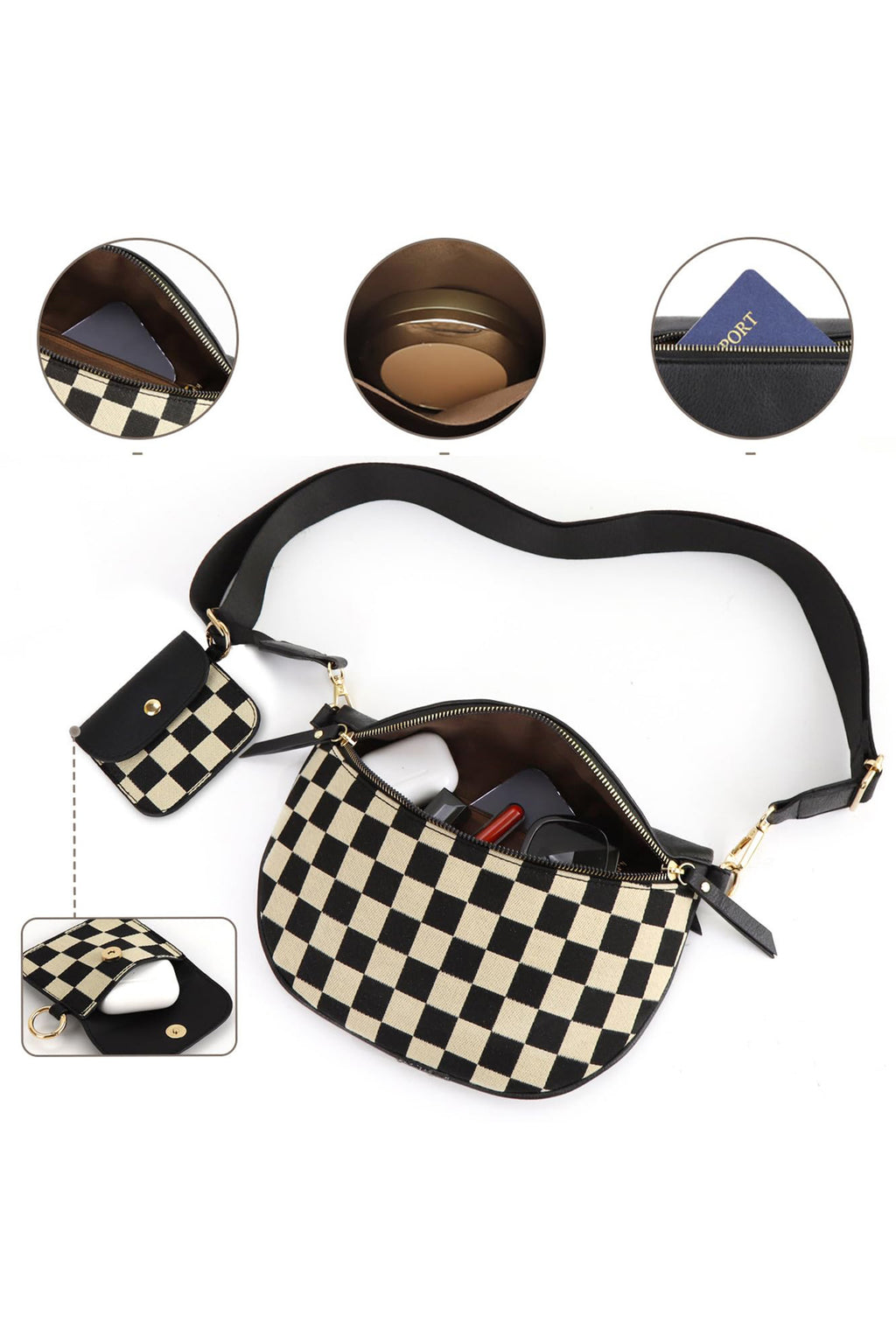 Coffee PU Leather Checkered Knit Patchwork Wallet Attached Shoulder Bag