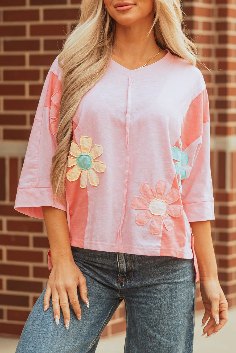 Light Blue Flower Patched Exposed Seam Bracelet Sleeve Oversized T Shirt