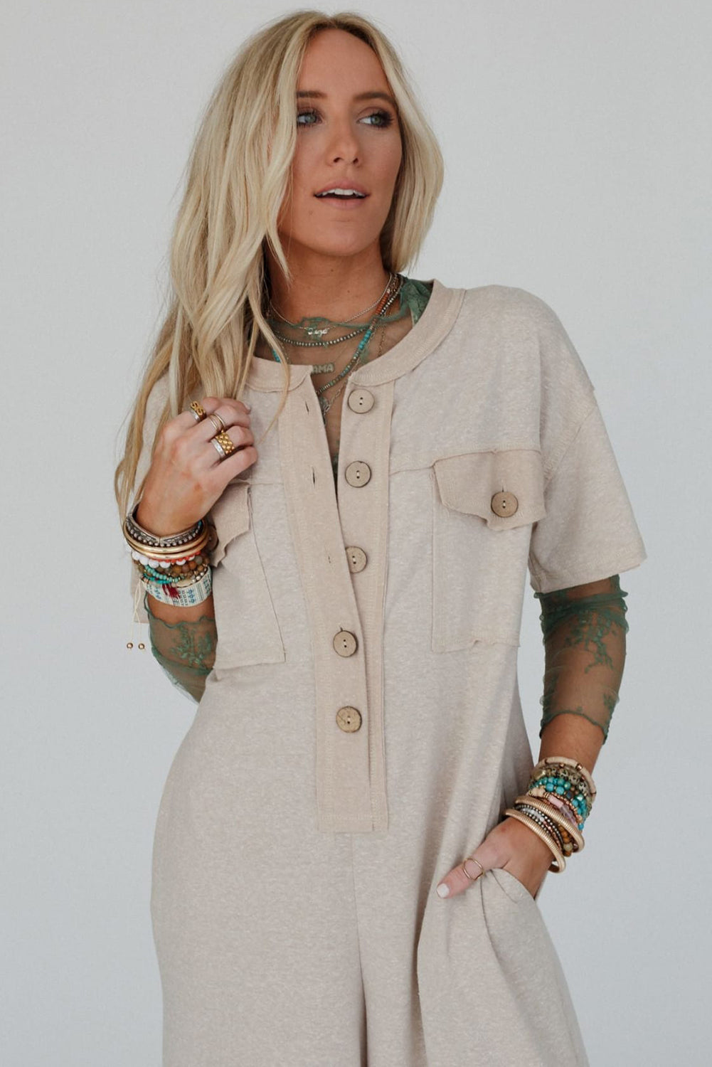 Beau Blue Half Placket Chest Pockets Short Sleeve Wide Leg Jumpsuit
