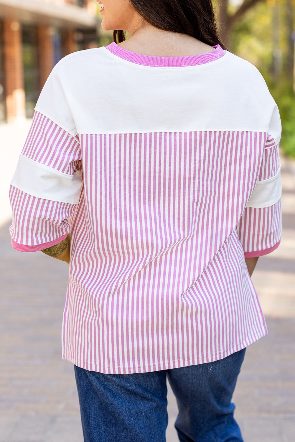 Pink Stripe Patchwork Bracelet Sleeve Plus Size T Shirt