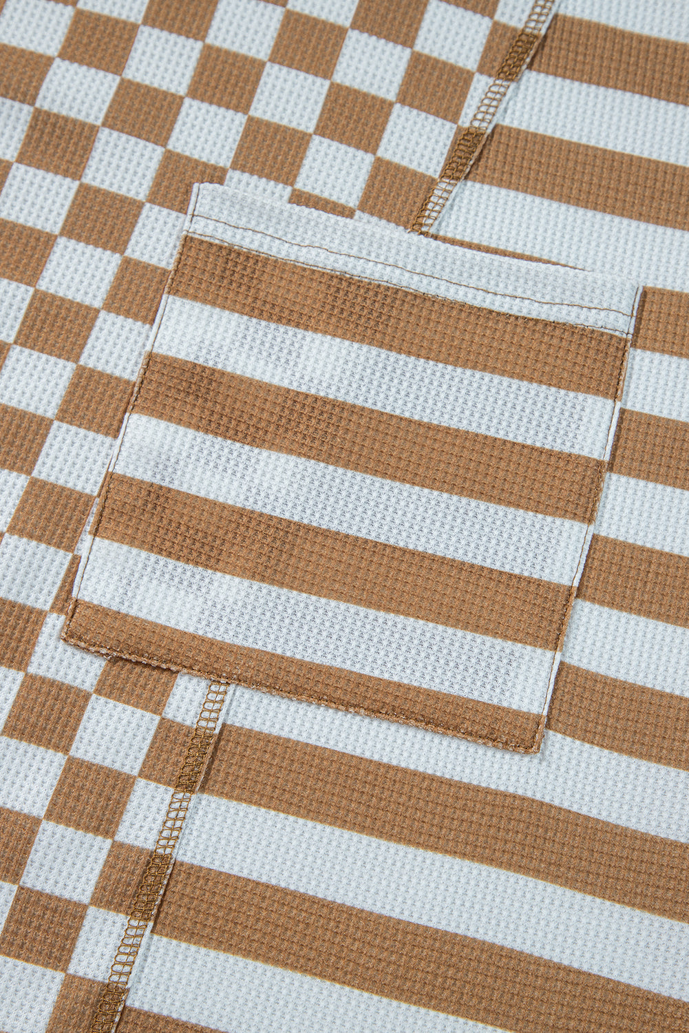 Khaki Checkerboard Striped Patchwork Lantern Sleeve Pocketed Blouse