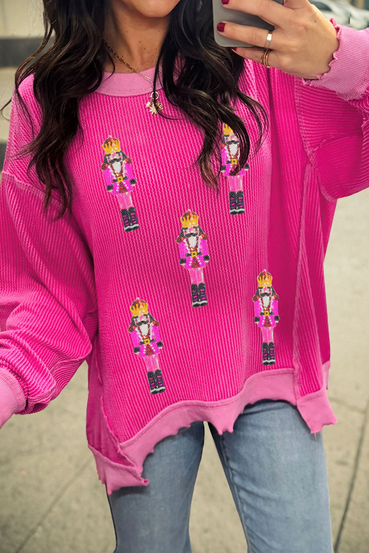 Strawberry Pink Sequined Nutcracker Men Pattern Twisted Rib High Low Top