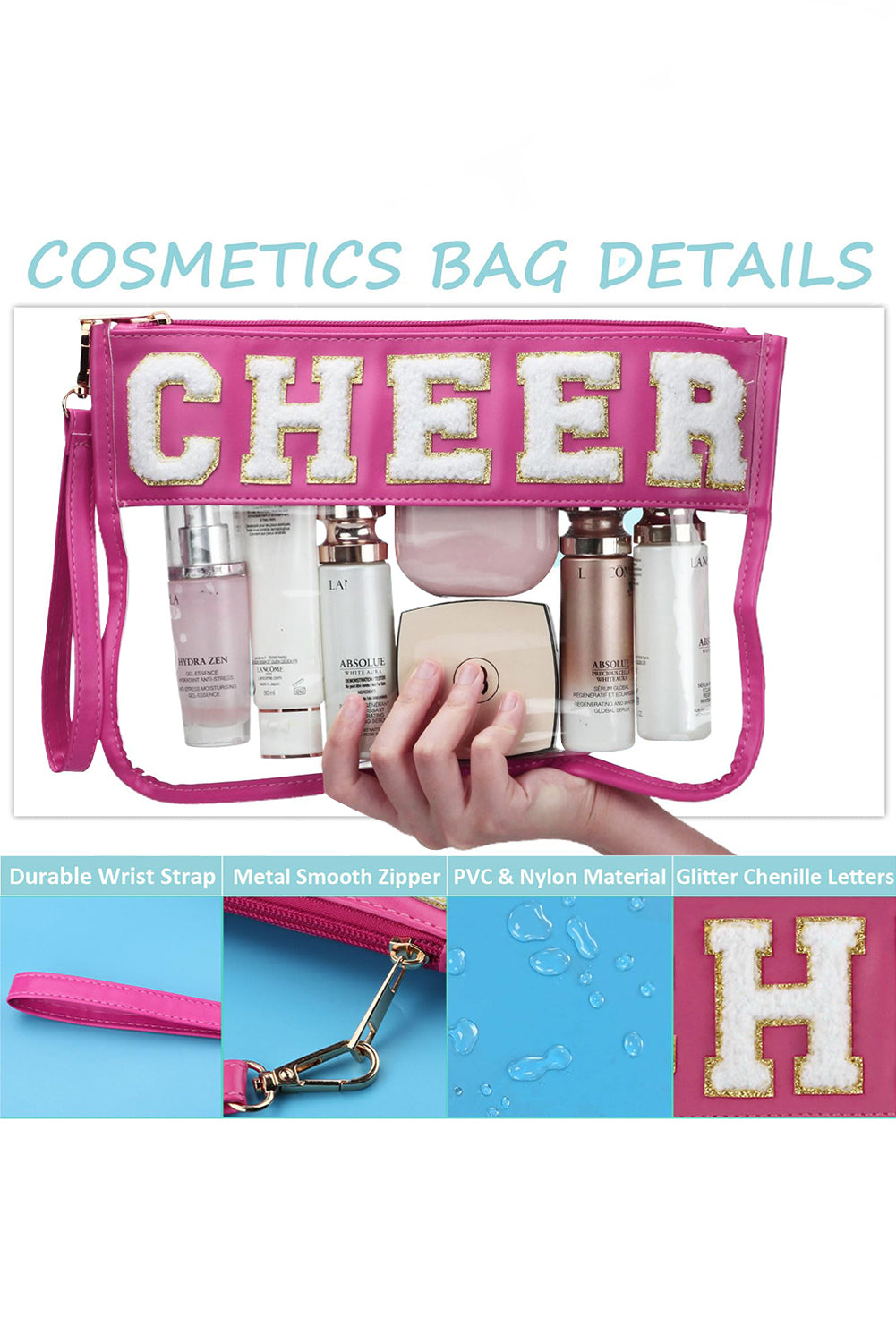 Fiery Red CHEER Chenille Letter PU Leather Patchwork Clear Makeup Bag