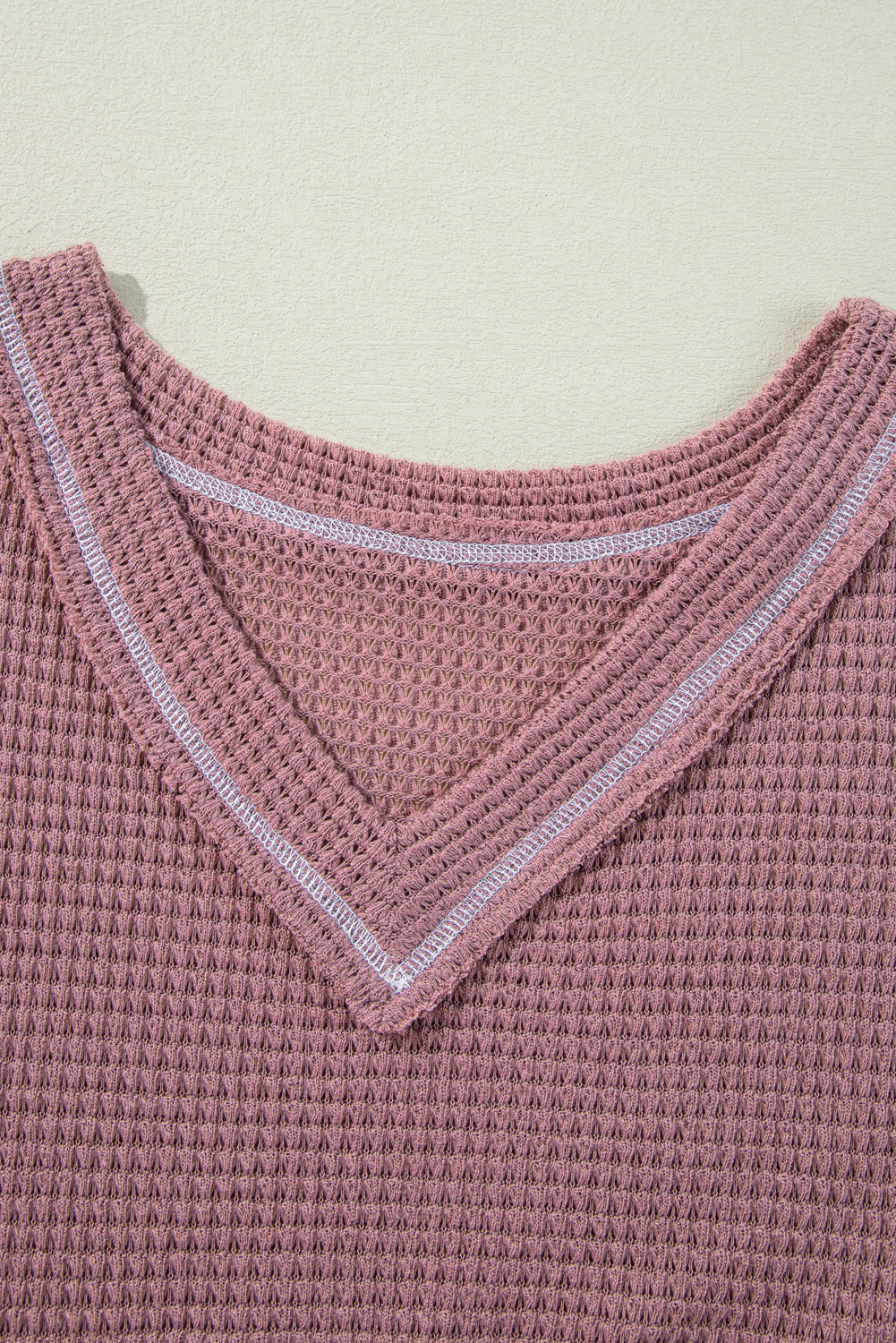 Pink Waffle Knit V Neck Long Sleeve Babydoll Top