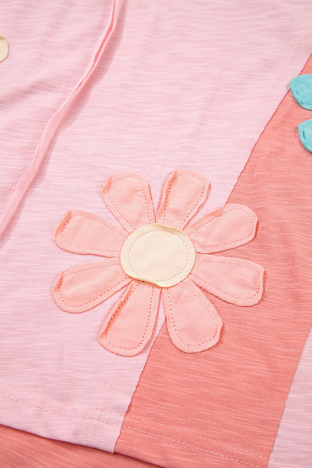 Light Blue Flower Patched Exposed Seam Bracelet Sleeve Oversized T Shirt