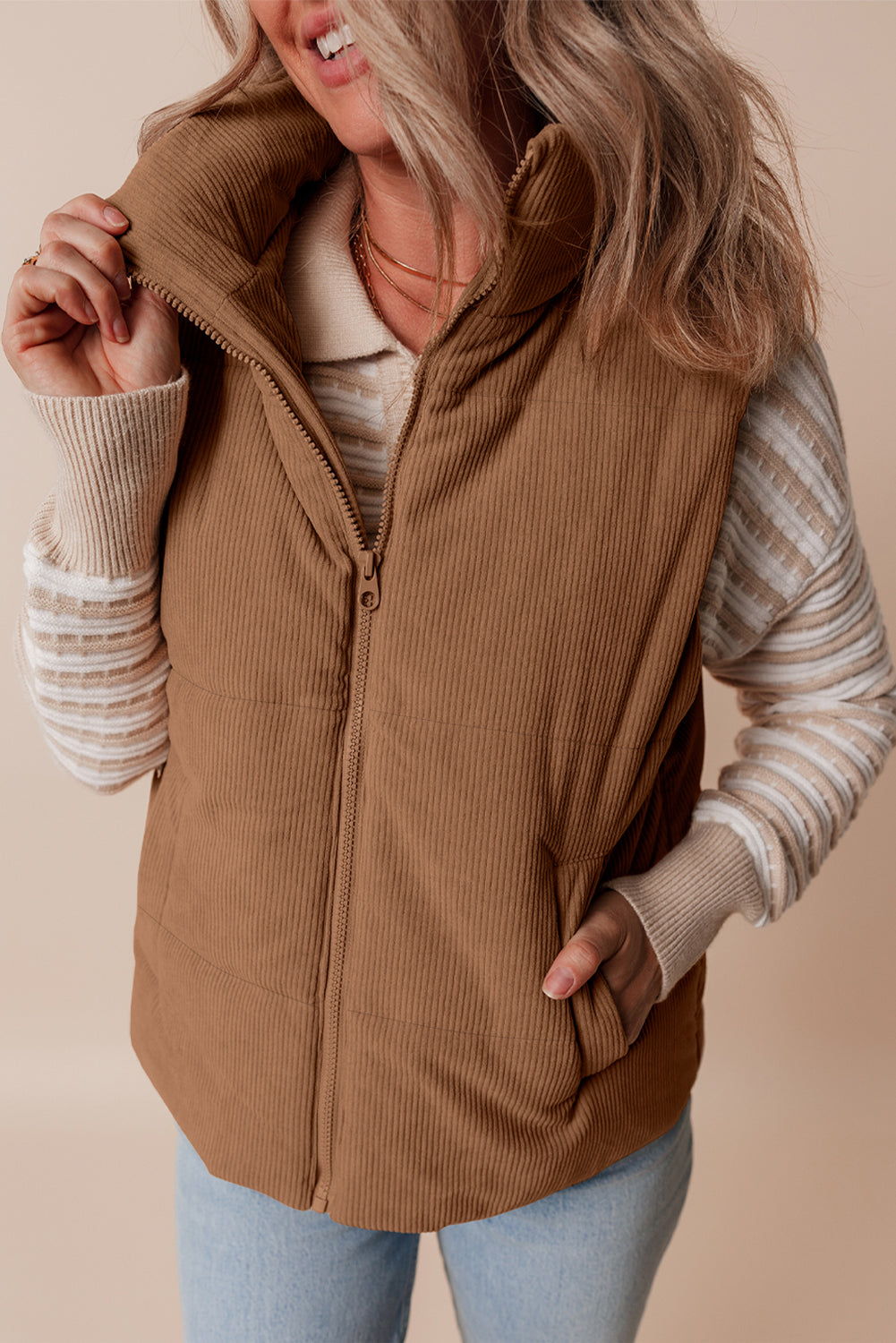 Beige Corduroy Stand Neck Zipped Puffer Vest