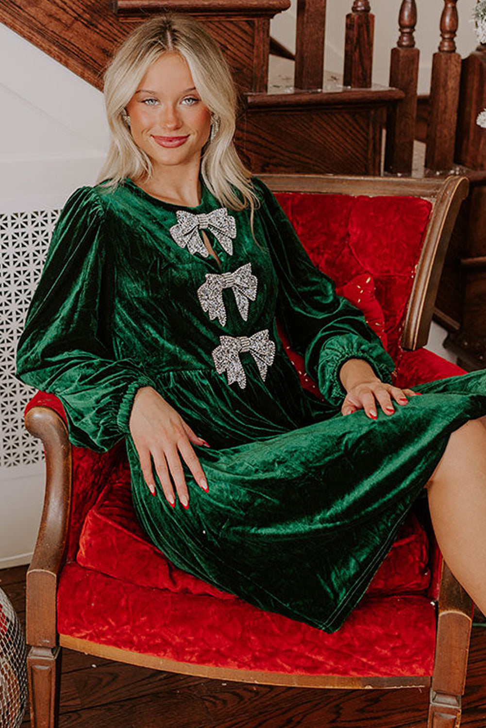 Fiery Red Bowknot Decor High Waist Velvet Mini Dress