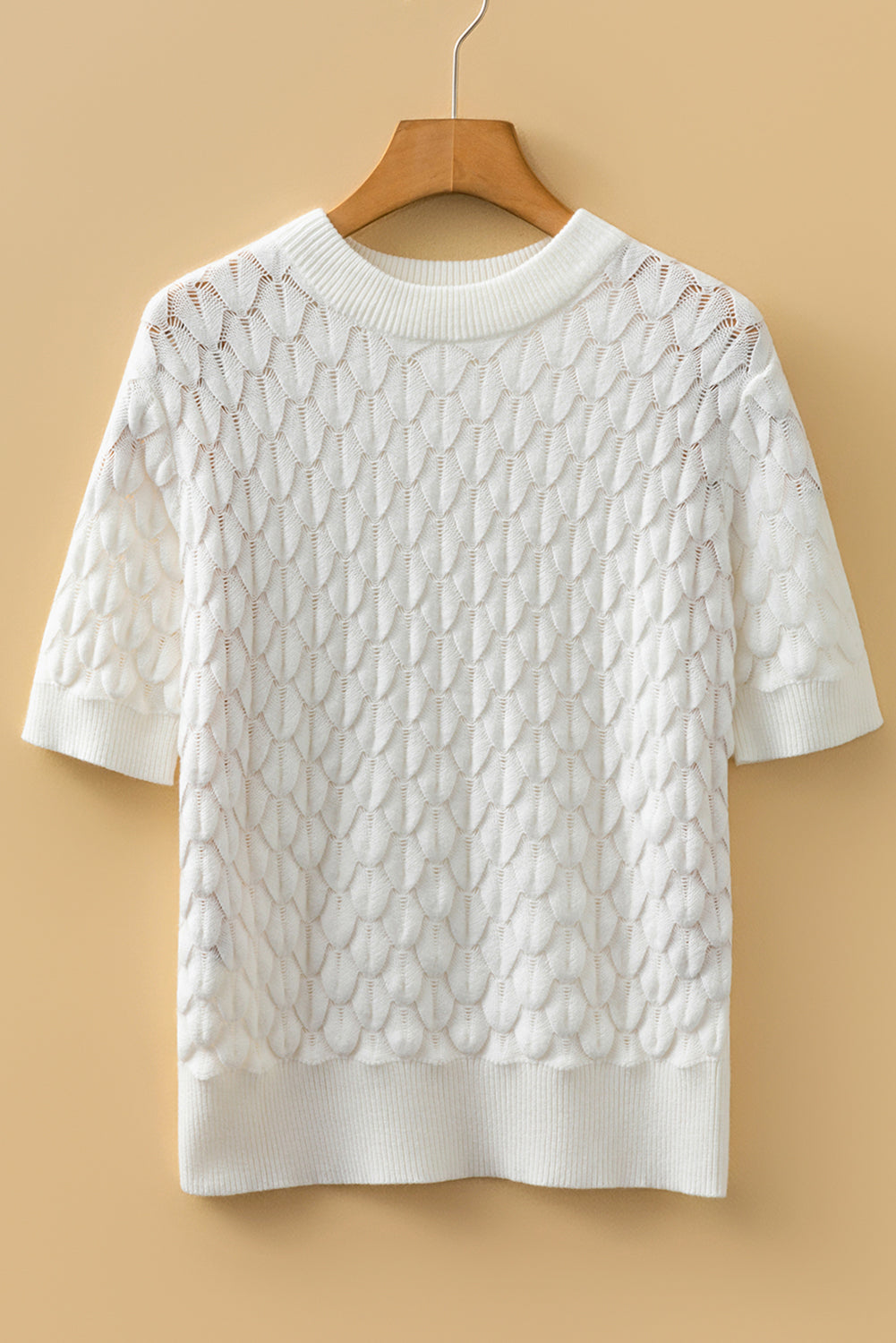 Straw Yellow Fish Scale Textured Knit Ribbed Crew Neck Short Sleeve Sweater
