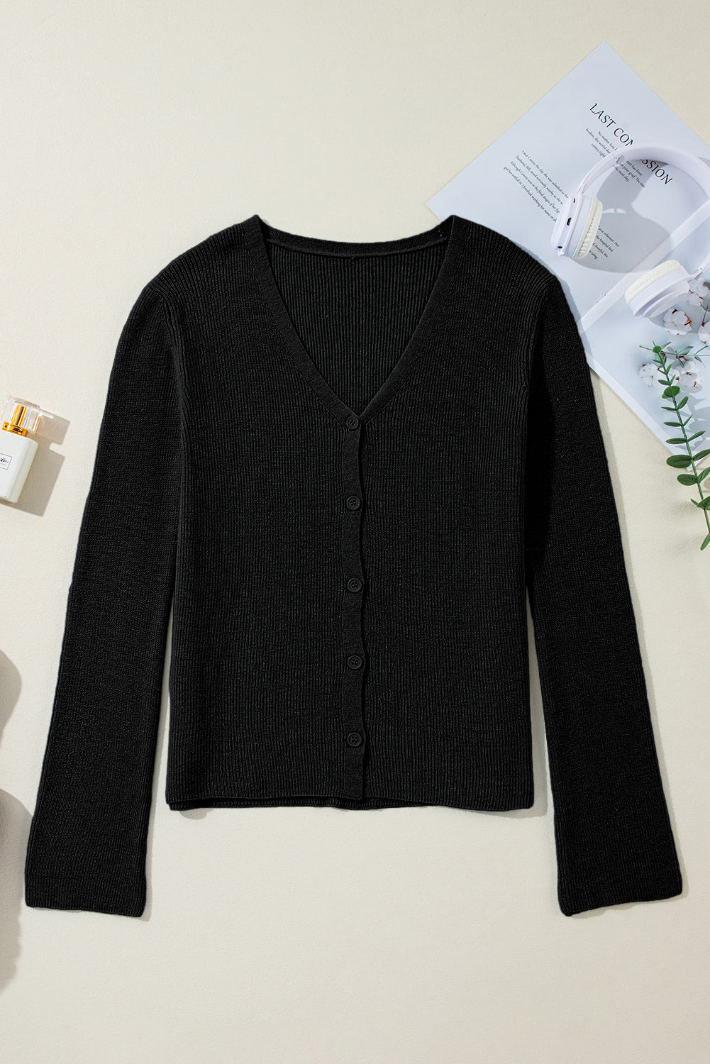 Moss Green Lightweight Ribbed Knit Button Front V Neck Cardigan