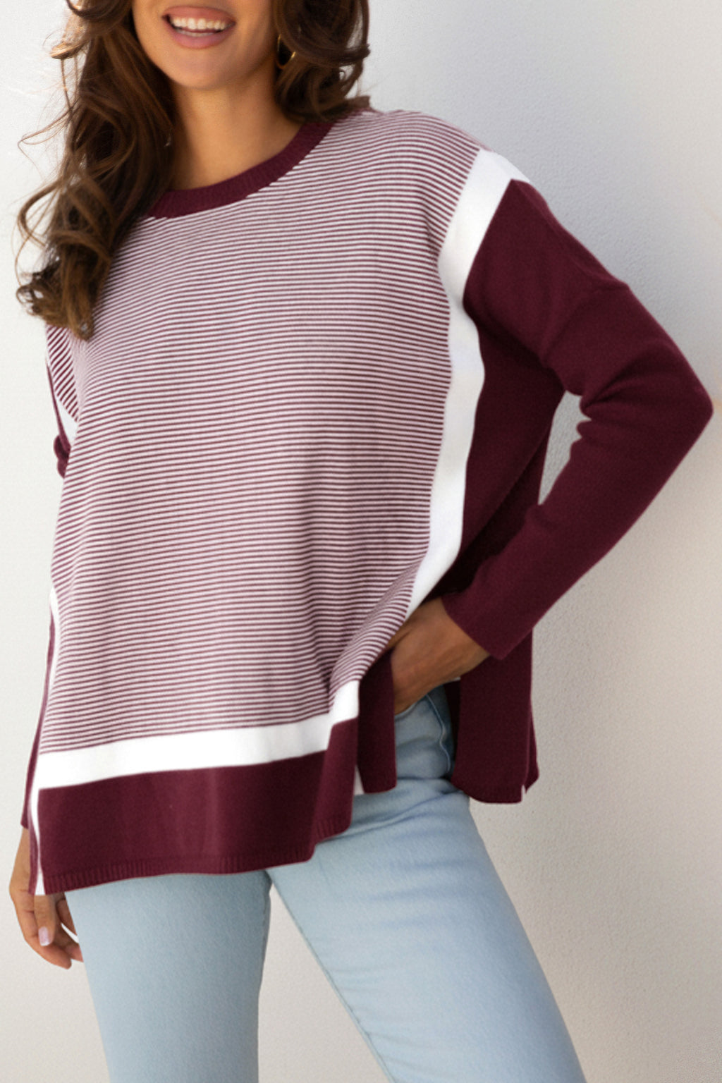 Blue Stripe Color Block Patchwork Dolman Oversize Tunic Sweater