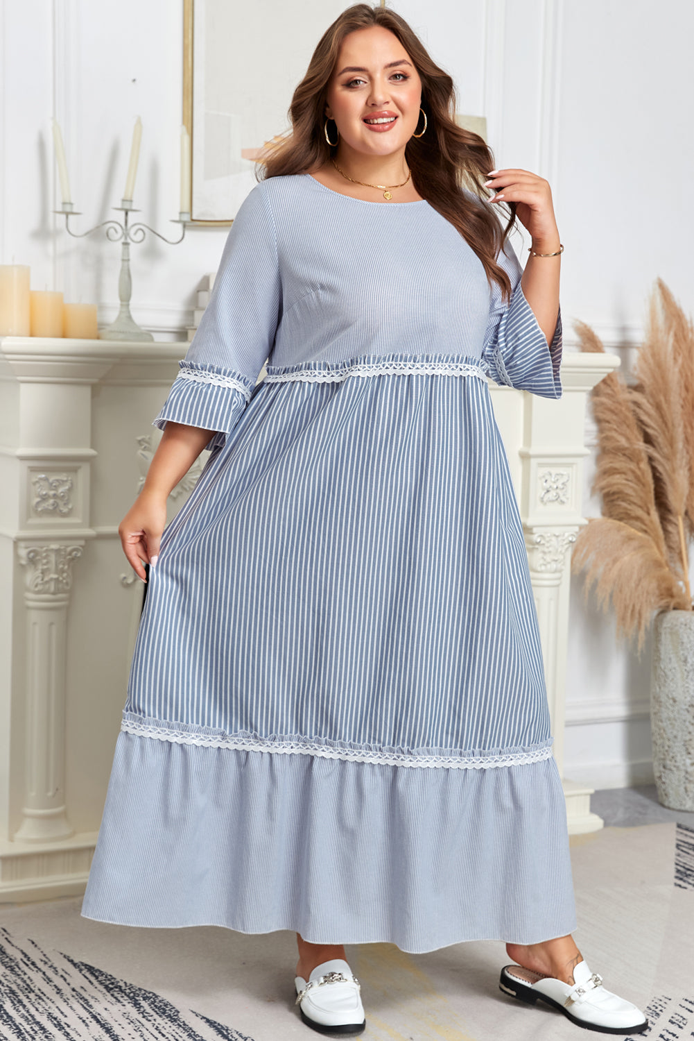 Sky Blue Stripe Patchwork Crossed Lace Detail Bracelet Sleeve Maxi Dress