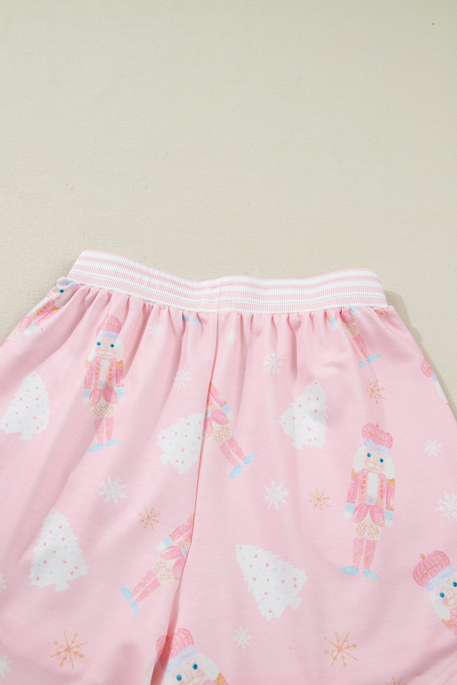 Pink Christmas Tree Nutcracker Doll Print Contrast Trim Long Sleeve Top Matching Shorts Set