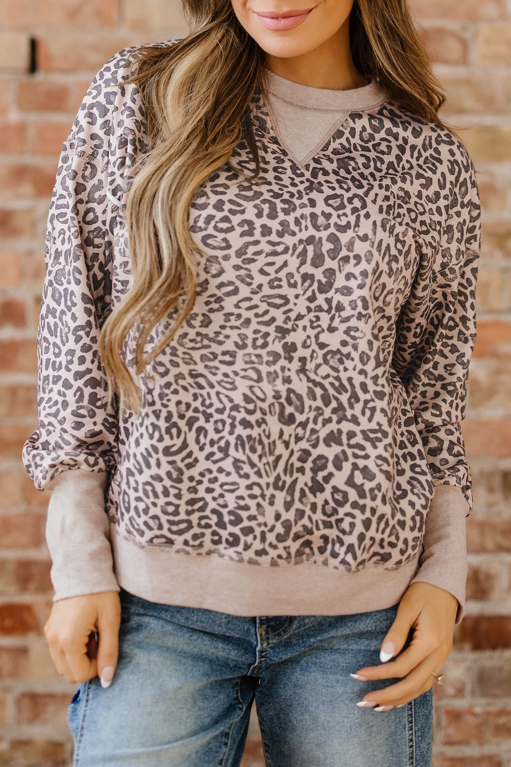 Brown Leopard Print Patchwork Crew Neck Sweatshirt