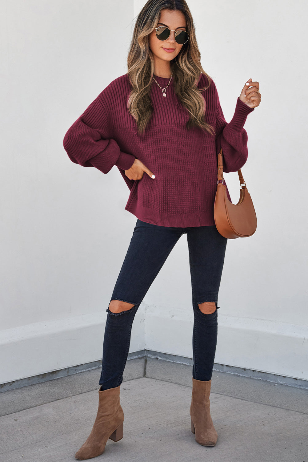 Vineyard Green Solid Color Mixed Textured Knitted Crew Neck Sweater