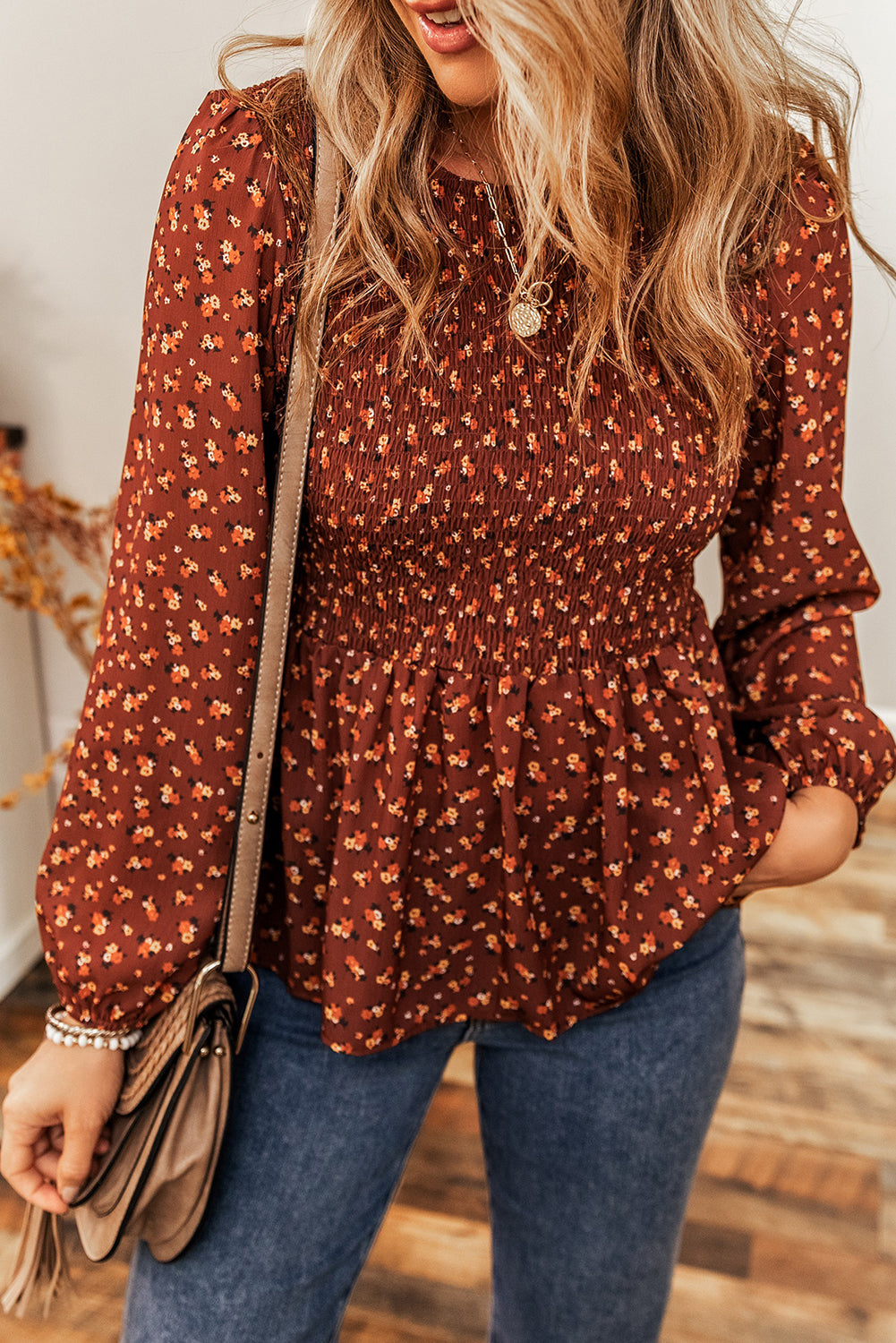 Black Boho Floral Smocked Bust Ruffled Peplum Blouse