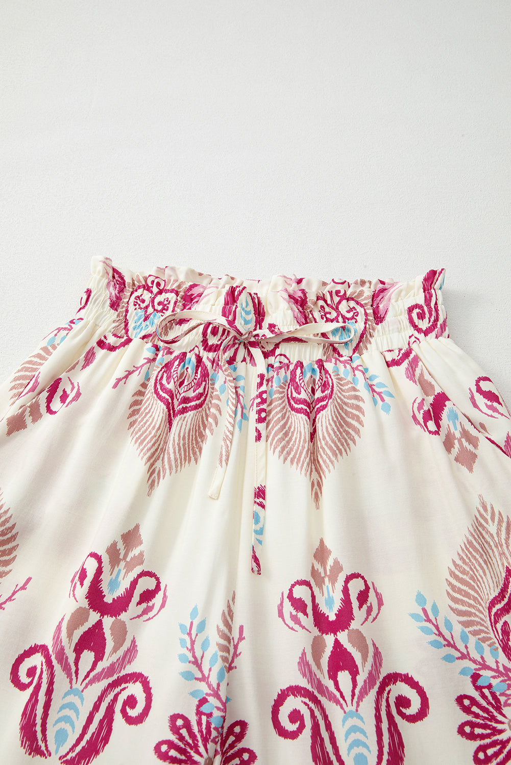 Rose Boho Printed Shirred High Waist Flowy Wide Leg Pants