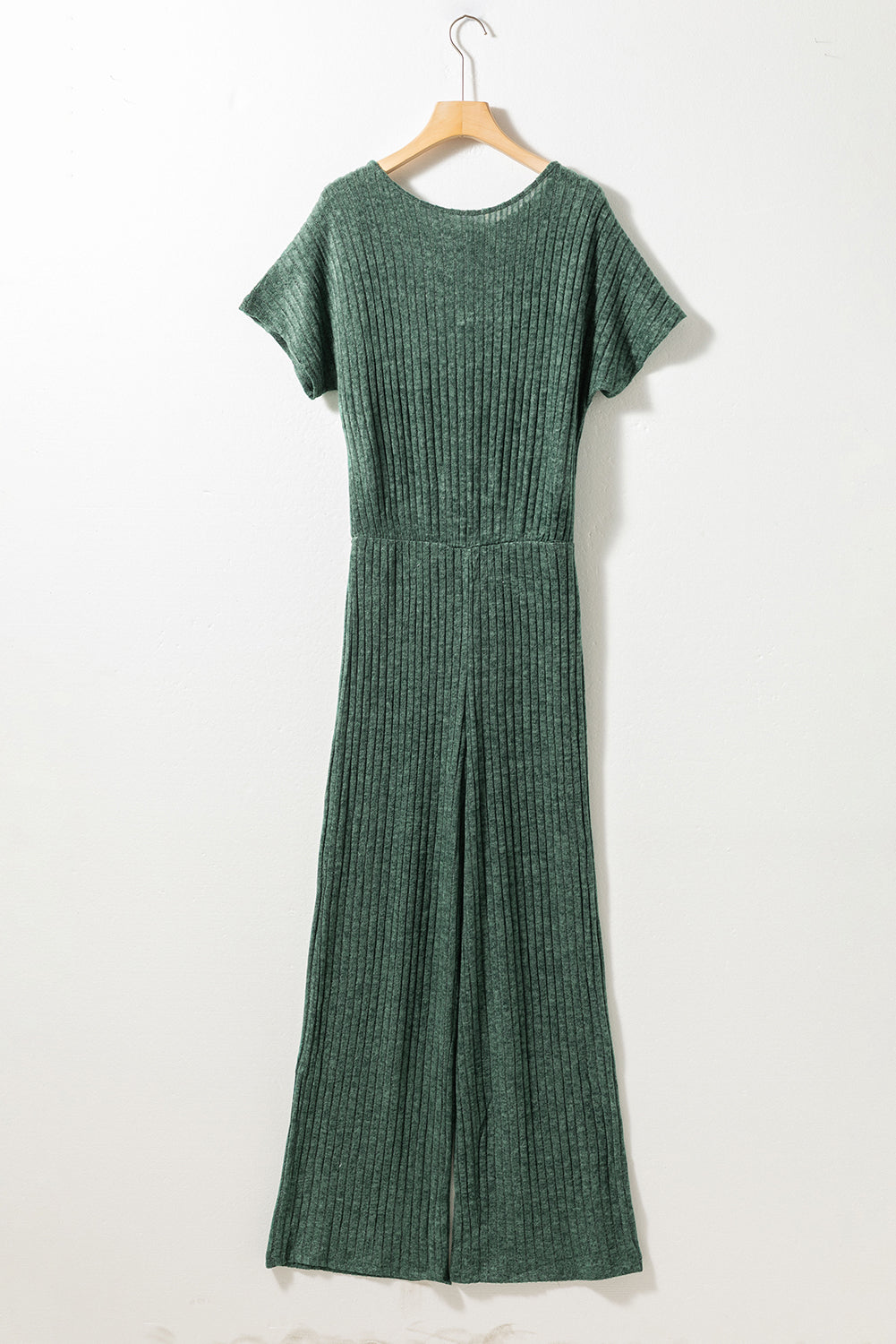 Dark Grey Ribbed Keyhole Short Sleeve Wide Leg Jumpsuit