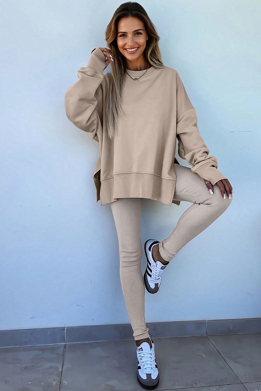 Black Solid Color Oversize Slit Sweatshirt Ribbed Leggings 2pcs Set