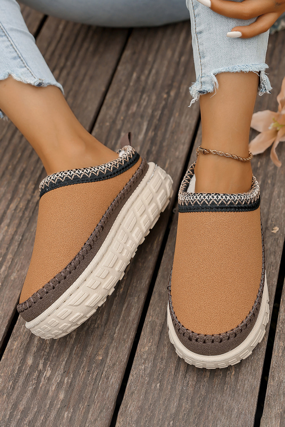 Coffee Contrast Stitch Detail Faux Suede PU Patchwork Plush Winter Clog Slippers