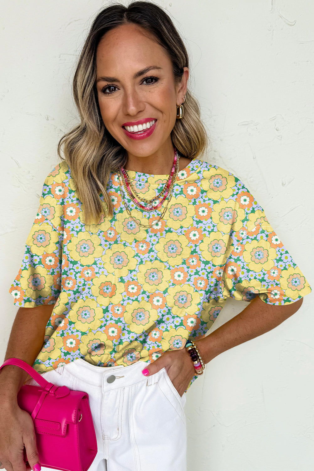 Yellow Summer Flower Printed Drop Shoulder Loose T Shirt