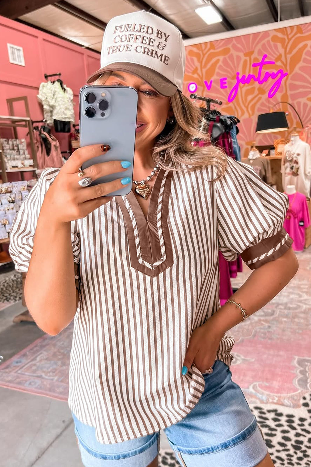 Black Stripe Collared Split Neck Short Bubble Sleeve Blouse
