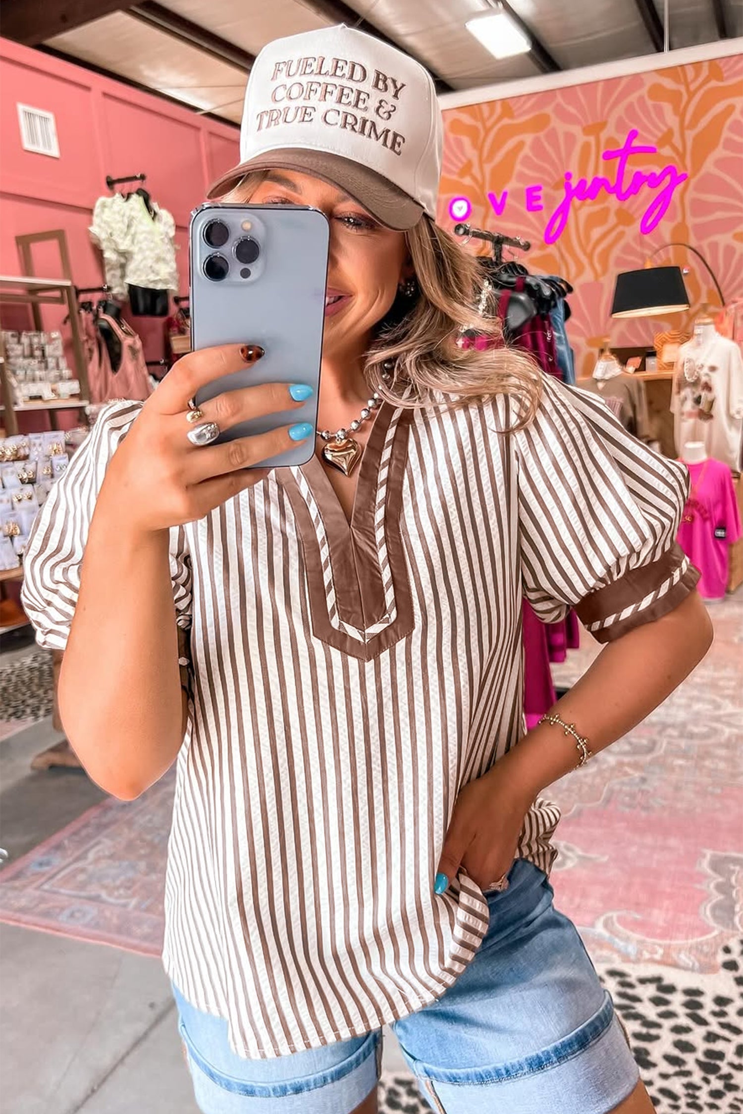 Black Stripe Collared Split Neck Short Bubble Sleeve Blouse