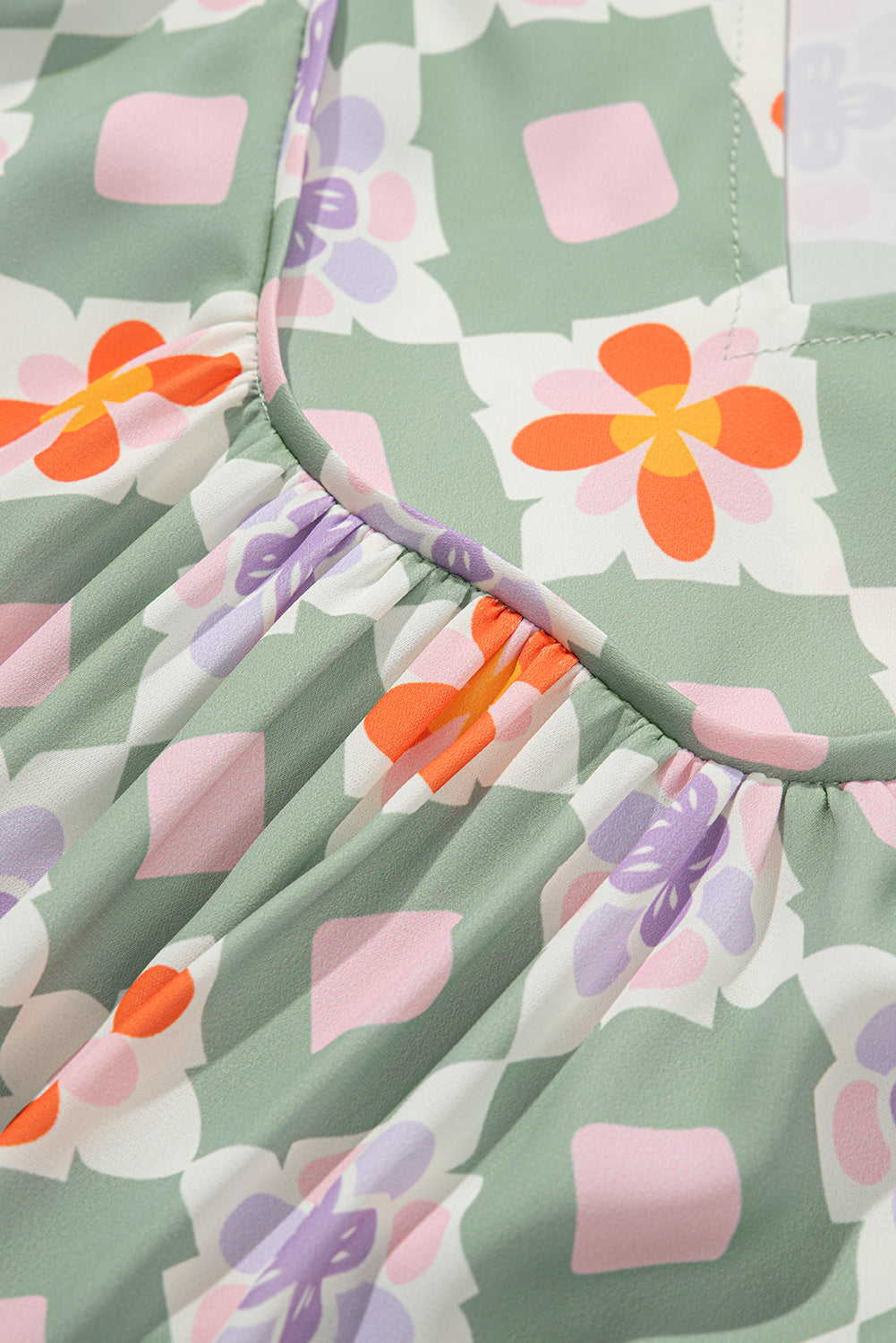 Green Geometric Floral Print Layered Flutter Sleeve V Neck Ric Rac Trim Blouse