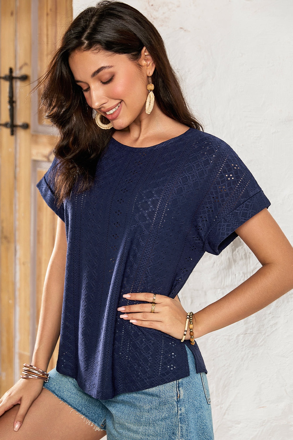White Solid Color Eyelet Jacquard Cuffed Short Sleeve Top