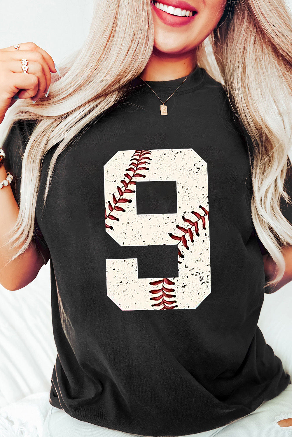 Black Number 9 Distressed Baseball Pattern Oversize Tee