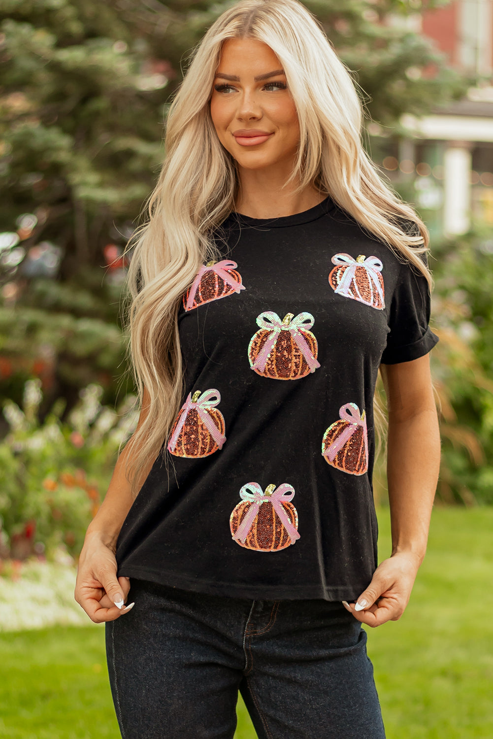 White Colorful Pumpkin Sequin Patched Drop Shoulder Sweatshirt