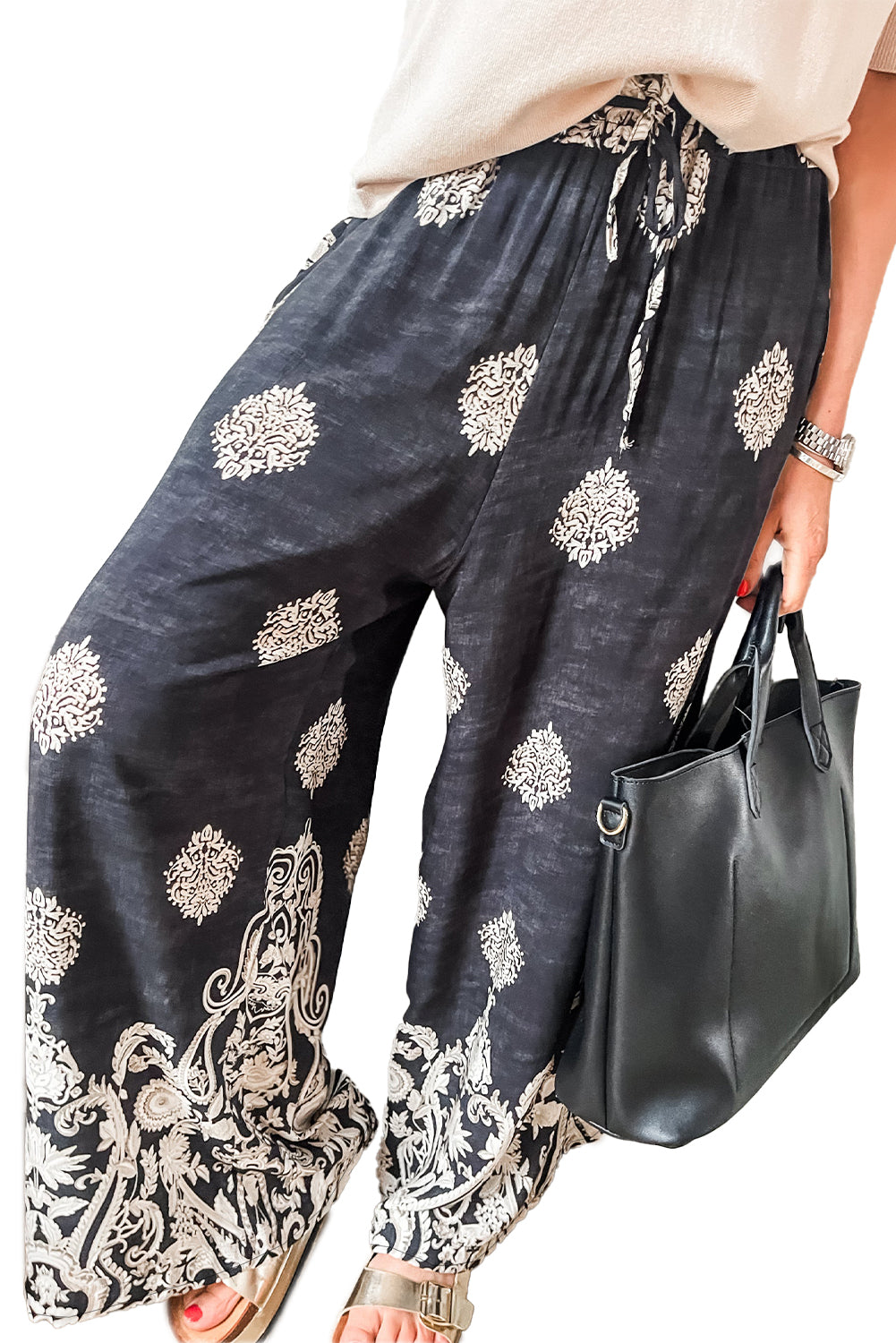 Black Plus Size Geometric Ethnic Print Drawstring Wide Leg Pants