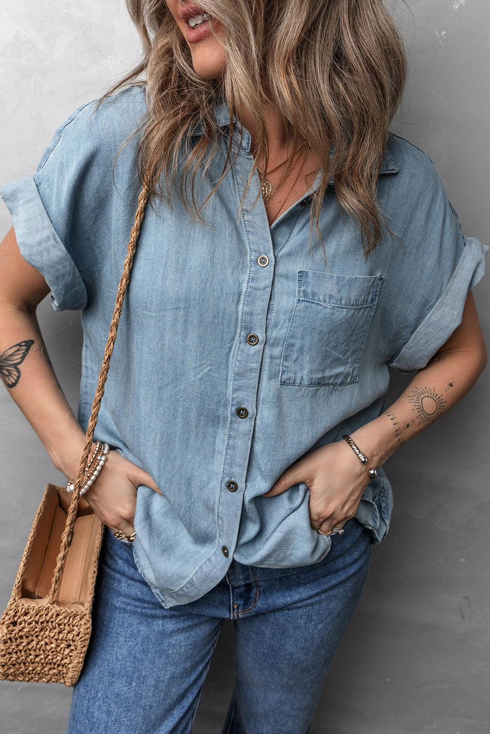 Dusk Blue Folded Short Sleeve Patched Pocket Denim Shirt