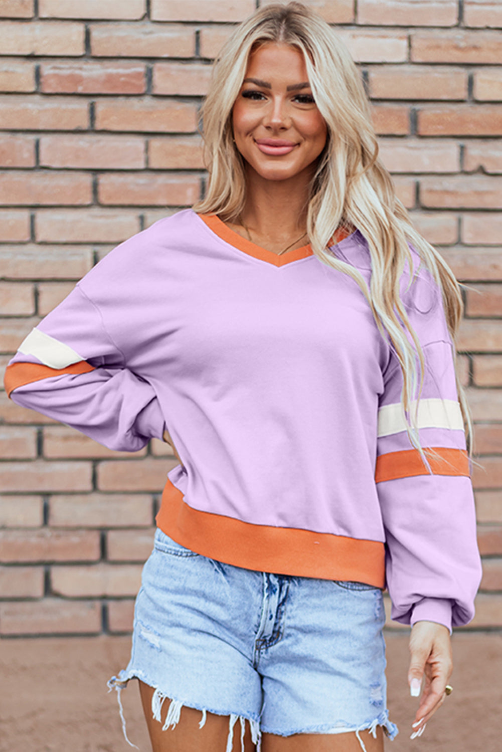 Orchid Bouquet Halloween Floral Pumpkin Color Block V Neck Sweatshirt
