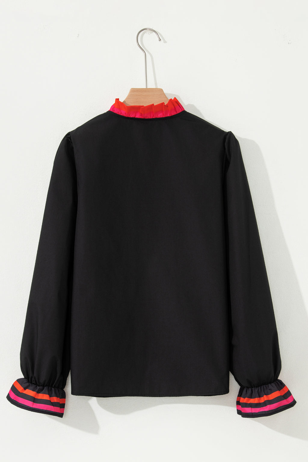 Four Leaf Clover Striped Trim Ruffle Split Neck Long Sleeve Blouse