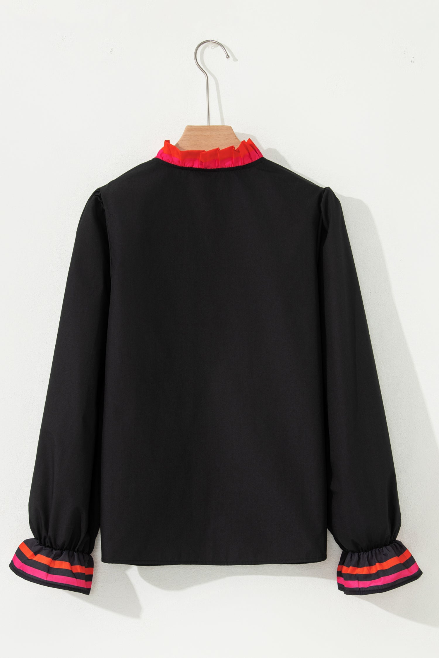 Four Leaf Clover Striped Trim Ruffle Split Neck Long Sleeve Blouse
